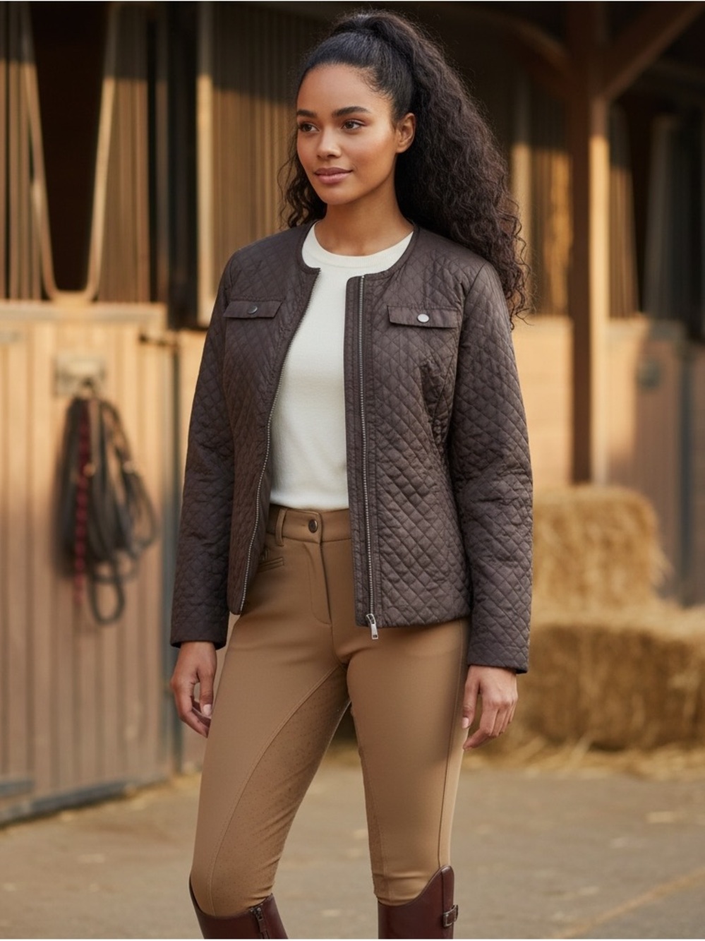 Chico's Collarless Quilted Dark Brown Full Zip Jacket